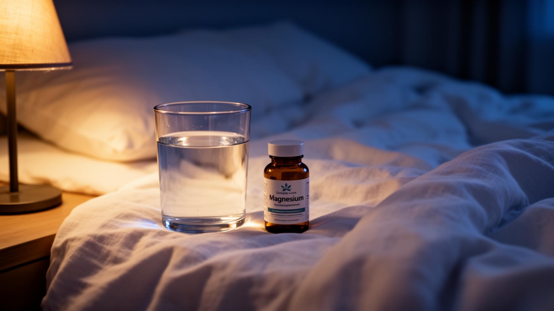 A glass of water and a magnesium supplement bottle on a bedside table at night