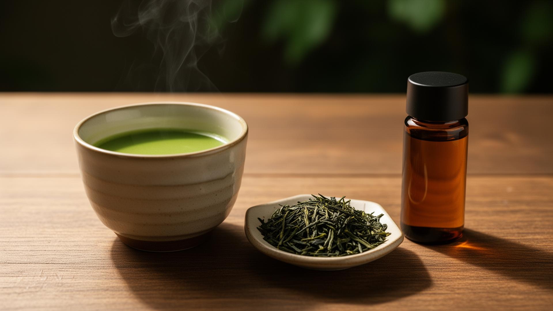 Cup of matcha green tea beside loose tea leaves and an amber capsule bottle on a warm wooden surface