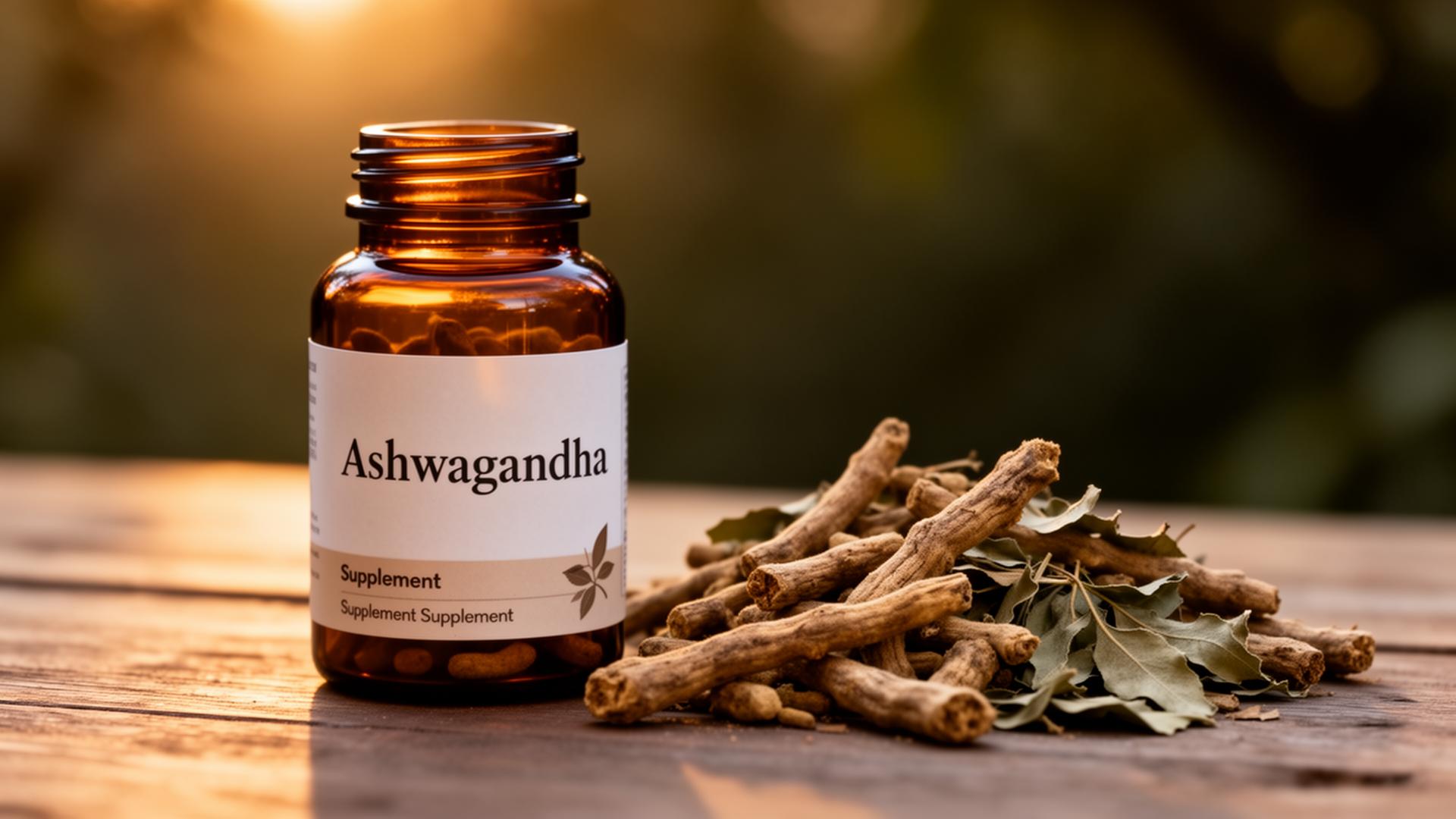 Amber supplement bottle labeled Ashwagandha beside dried ashwagandha root on a wooden surface in warm golden-hour light
