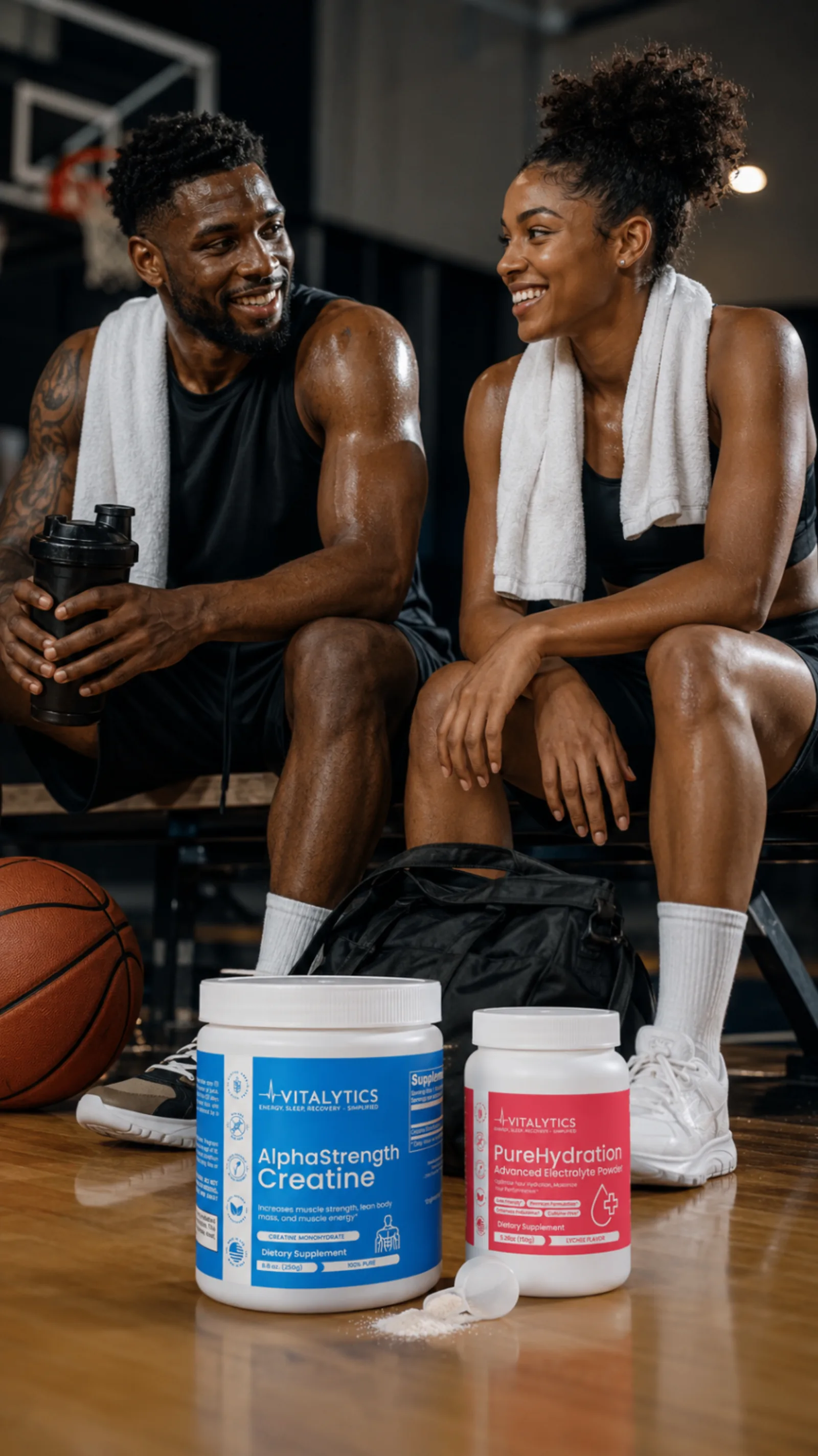 Two basketball players smiling on the court with AlphaStrength Creatine and PureHydration after training.