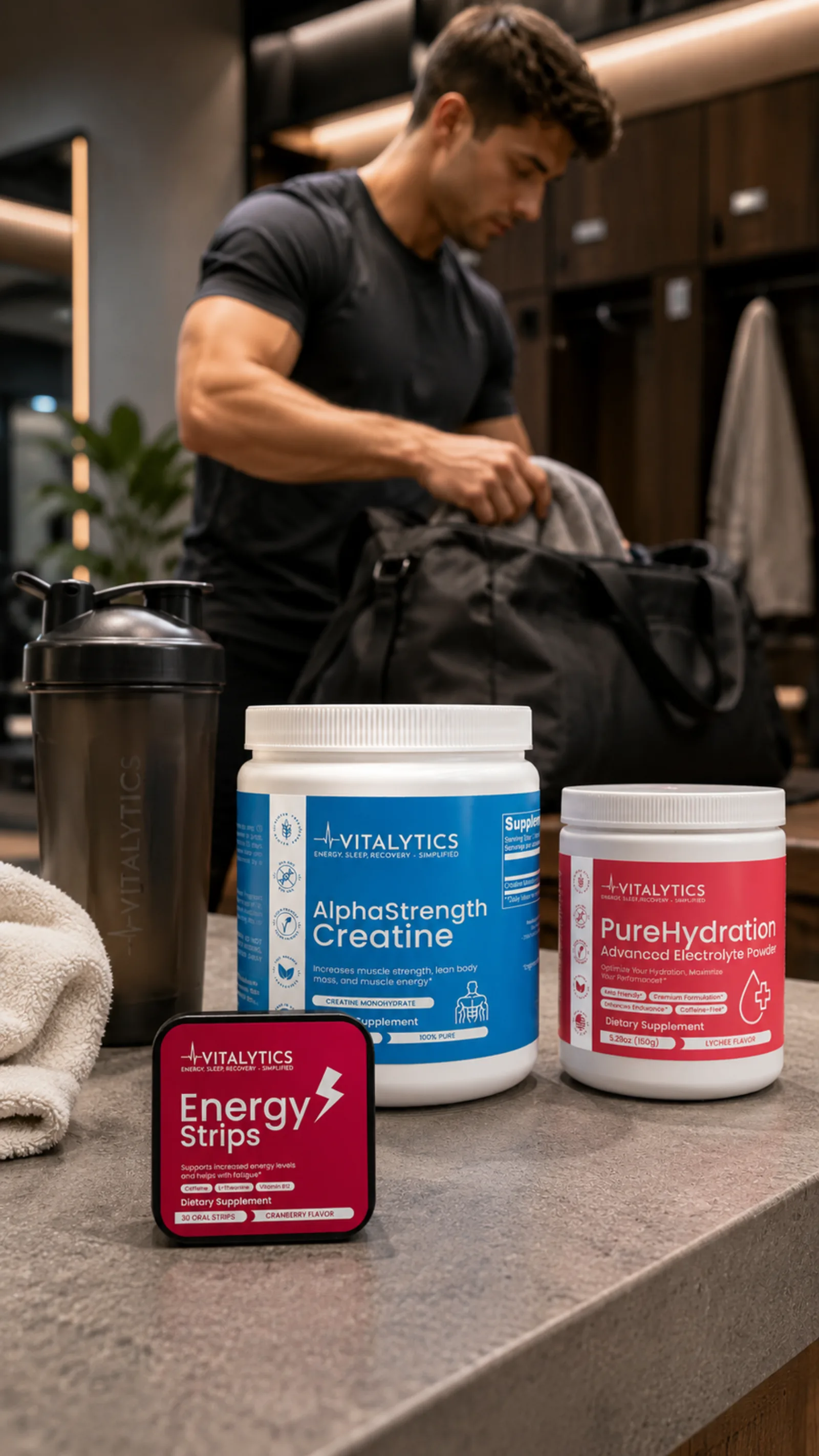 Vitalytics products arranged on a gym locker room counter beside a shaker bottle.