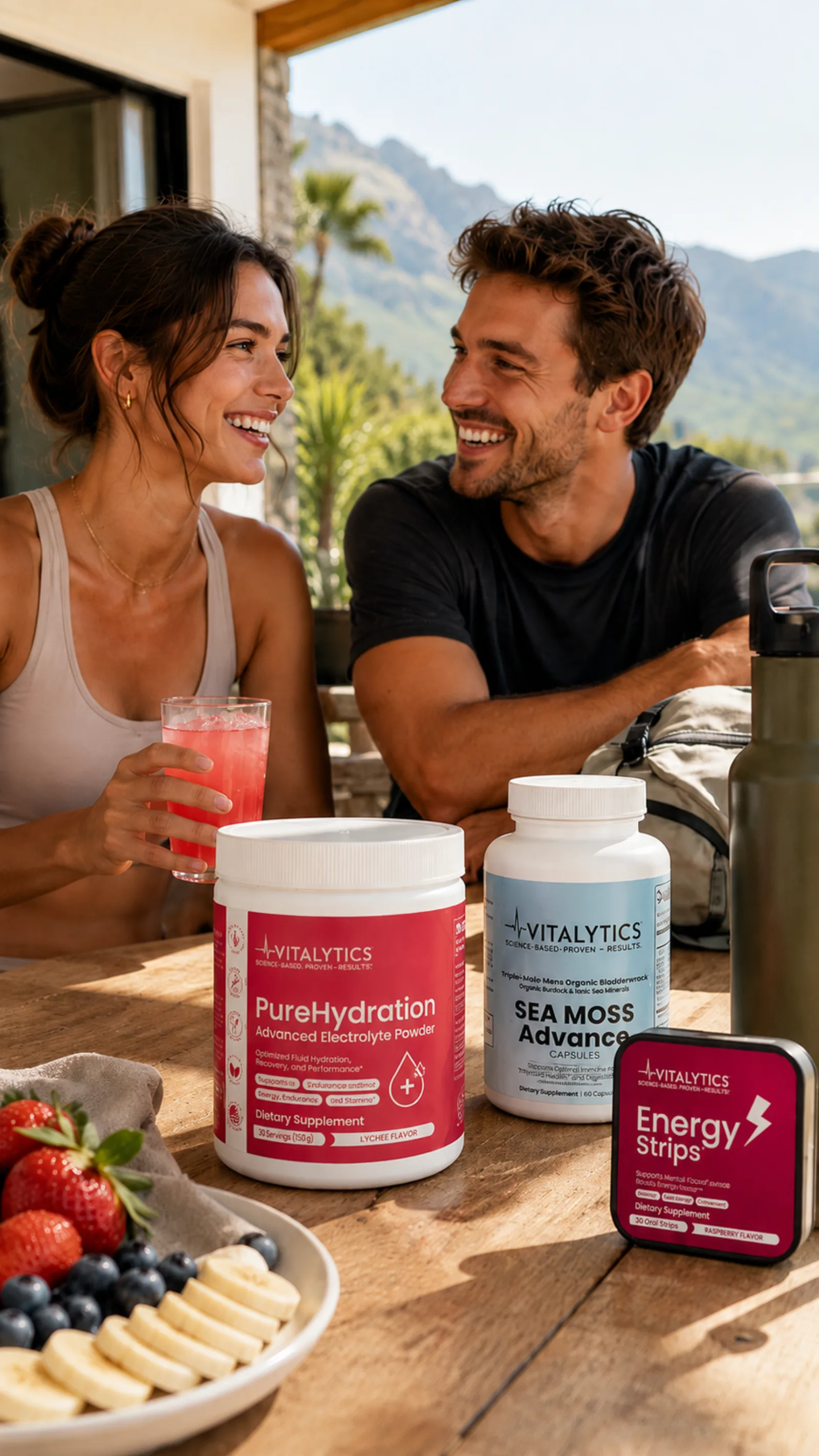 Couple outdoors at a table with Vitalytics products, fruit, and a bright pink drink.