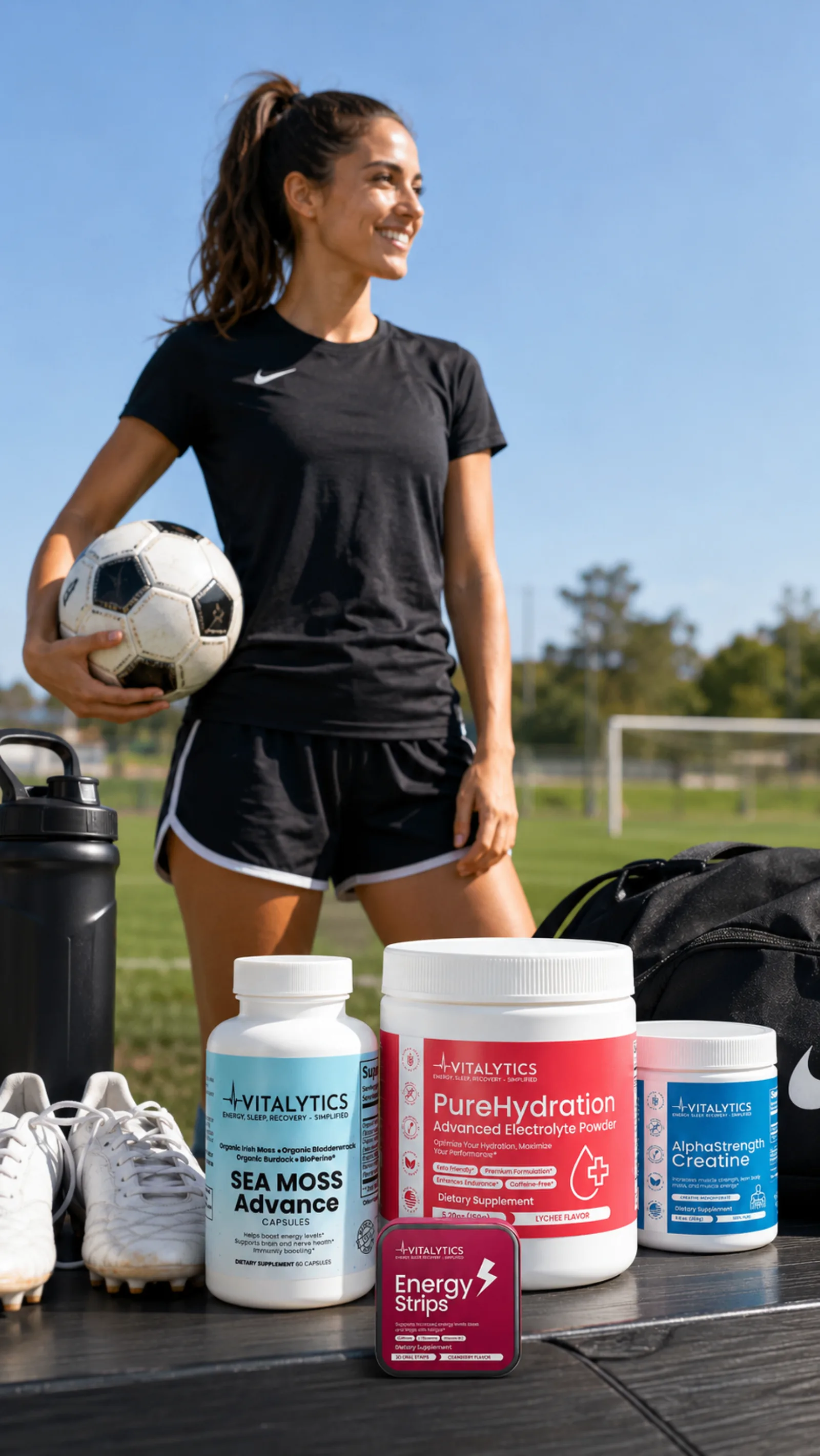 Soccer player standing beside a lineup of Vitalytics products including Sea Moss Advance, PureHydration, Energy Strips, and AlphaStrength Creatine.