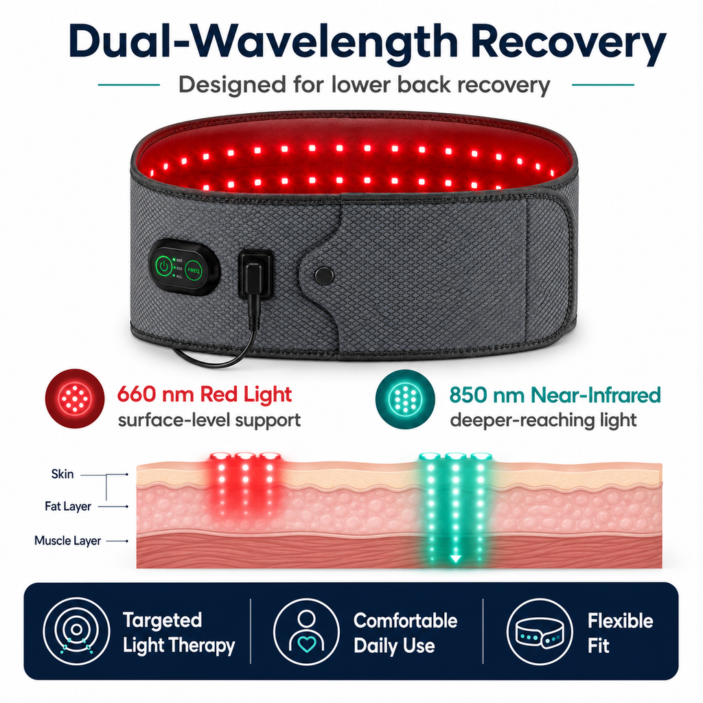 Vitalytics Restore Belt — Red Light Therapy Lower Back Recovery Belt with 660nm & 850nm Dual-Wavelength LEDs