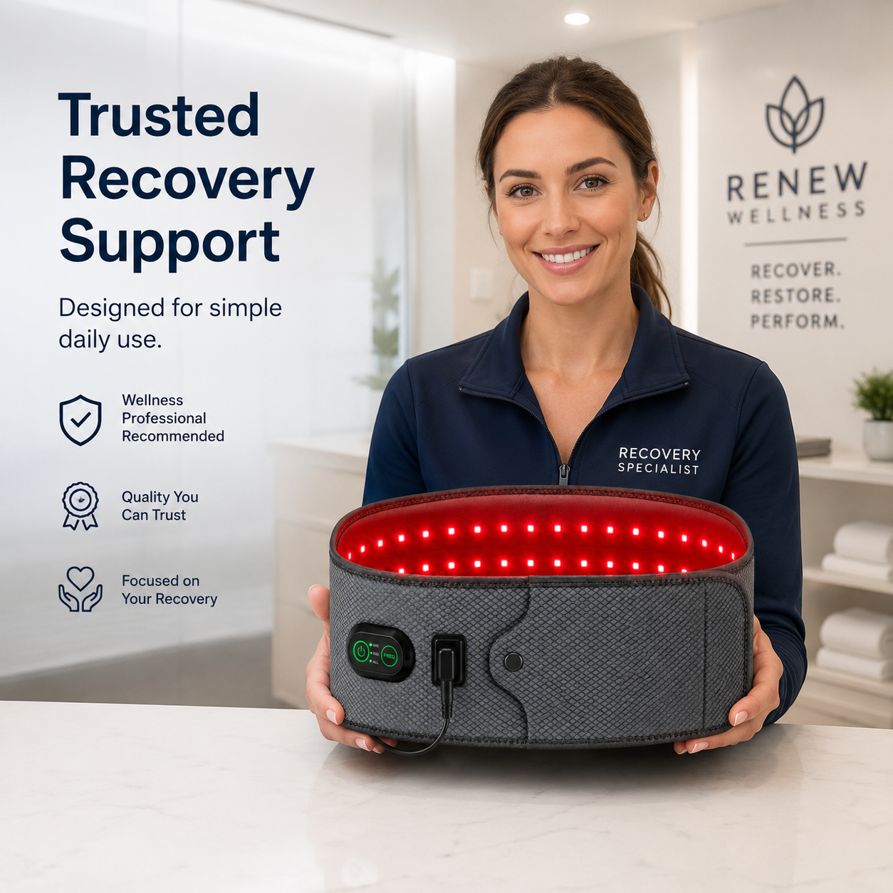 Vitalytics Restore Belt — Red Light Therapy Lower Back Recovery Belt with 660nm & 850nm Dual-Wavelength LEDs